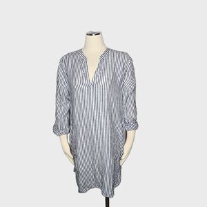 Tahari 100% Linen Striped Tunic Dress Blue White Roll Tab Sleeves Pockets Size L